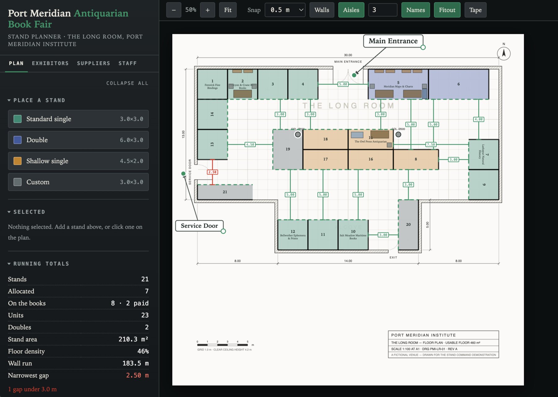 Stand Command with a fair laid out: colour-coded stands over a calibrated venue floor plan, dealer names and furniture drawn in place, aisle widths measured, and running totals of stands, units, floor density and payments in the sidebar.